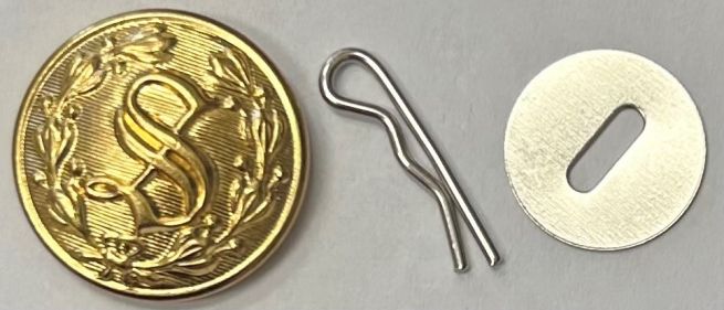 S UNIFORM JACKET BUTTON BRASS SET - 1 S BUTTON, 1 DISC & 1 COTTER PIN.